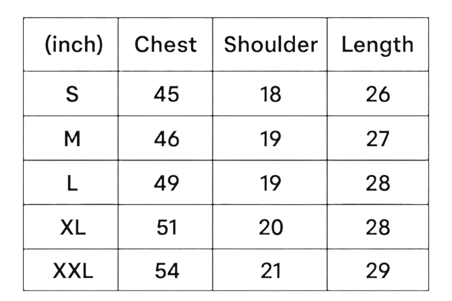 Size Chart (in Inches) S: 45x18x26, M: 46x19x27, L: 49x19x28, XL: 51x20x28  XXL: 54x21x29