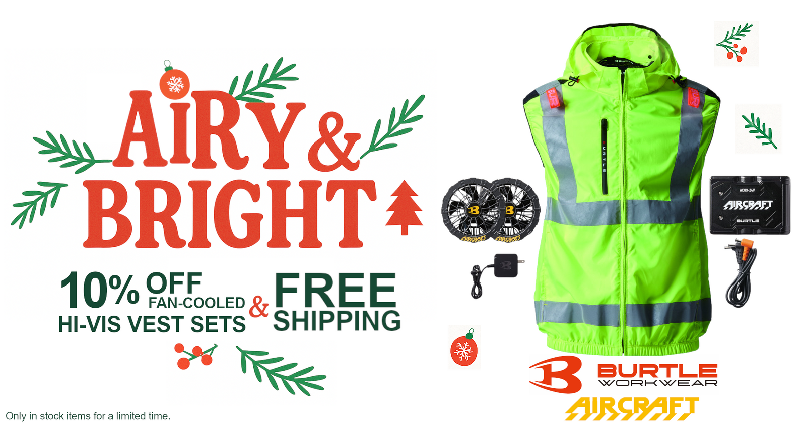 Airy & Bright sale get 10% off AIRCRAFT Hi-Vis Fan-Cooled  Vest Sets and Free Shipping for a limited time from BURTLE WORKWEAR.