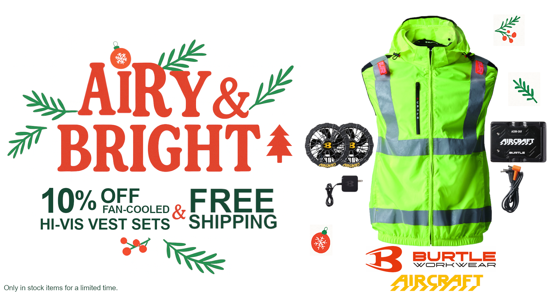 Airy & Bright sale get 10% off AIRCRAFT Hi-Vis Fan-Cooled  Vest Sets and Free Shipping for a limited time from BURTLE WORKWEAR.
